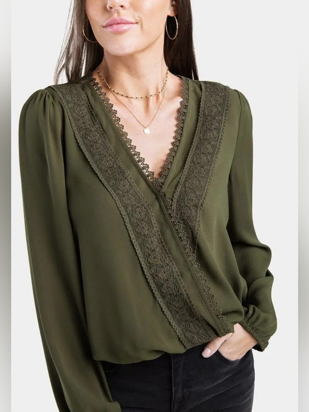 MI AMI Womens Forest Green Surplice Faux Wrap Blouse Elastic Waist Snap Close SM